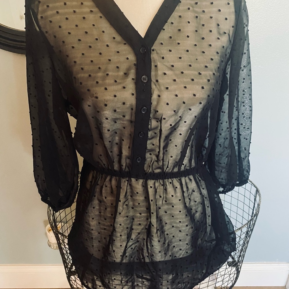 Black Blouse with Sheer Polka Dot Design